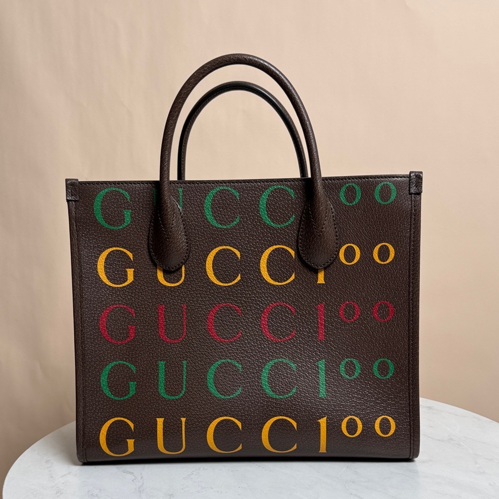 Gucci Dark Brown 100th Anniversary Tote with Vibrant Logo